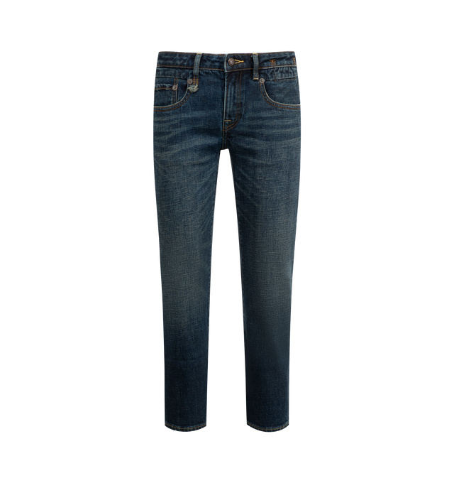 Image 1 of 3 - BLUE - R13 Straight Boy Jeans featuring zip fly with button closure, 5 pocket design, intentionally distressed areas and heavy whiskering and fading detail. 100% cotton.