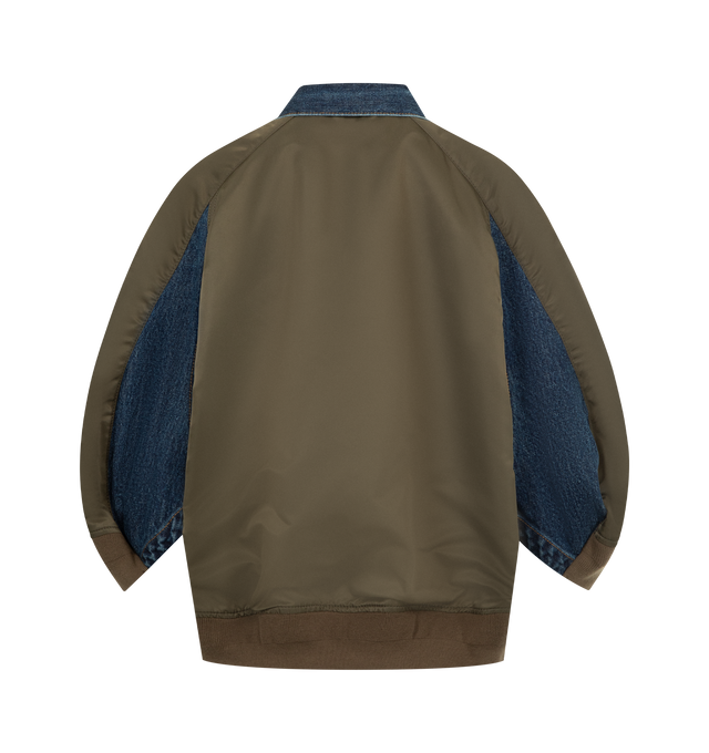 Image 2 of 3 - BLUE - SACAI Denim & Nylon Mixed Media Jacket featuring an indigo-dyed denim front contrasted by puffer-inspired nylon back paneling, front button closure, spread collar, three-quarter sleeves, chest button-flap patch pockets and sleeve zip pocket. 100% cotton. 100% nylon, 55% polyester, 44% cotton, 1% polyurethane. Made in Japan.