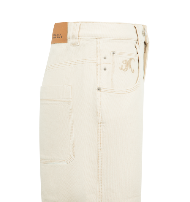 Image 3 of 3 - WHITE - ISABEL MARANT Jeyda Pants featuring 5-pocket topstitched organic cotton denim jeans with rivets, fitted waistband with loops, two engraved metal buttons and a hidden zipper, contrasting "IM" embroidery inside the right pocket, medium-rise waist and straight legs. 100% cotton.