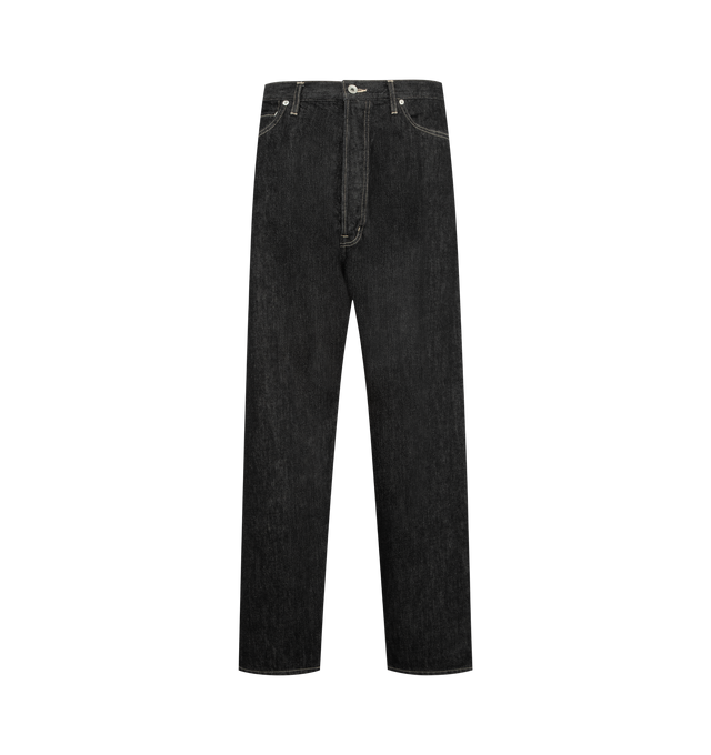 Image 1 of 3 - BLACK - STUDIO NICHOLSON Marylebone Denim Pant featuring a wide, generous cut through the thigh, relaxed fit, classic five-pocket silhouette dropped crotch, topstitched edges, button fly fastening and rear leather patch. 71% cotton, 16% reused cotton, 13% recycle polyester.