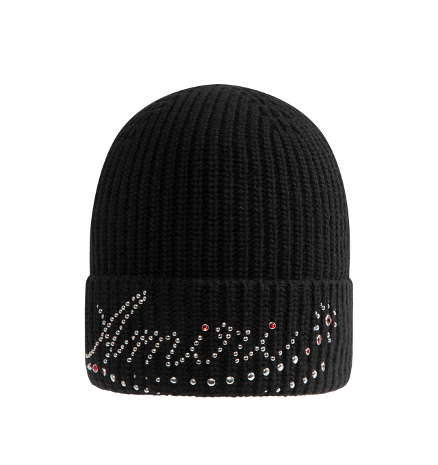 Image 1 of 2 - BLACK - AMIRI Logo-Studded Wool Beanie features the brand name written in studs at the brim and rib knit. 100% virgin wool. Made in Italy.