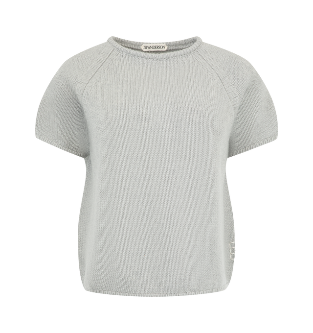 Image 1 of 2 - GREY - JW Anderson Women's Knitted T-Shirt in grey melange cotton cashmere blend. Crafted in Scotland, constructed with a seamless technique and exaggerated fashioning details and minimal trims, to emulate a home crafted, handmade knit. Finished with signature Loafer stitching on the body. Composition: 45% Wool, 36% Cotton, 19% Cashmere. Made in United Kingdom.
