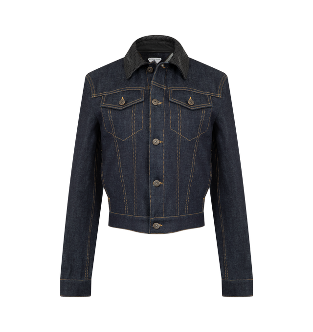 Image 1 of 3 - BLUE - Bottega Veneta Womens Denim Jacket is crafted from lightweight washed denim. Features a regular fit, button-front closure, Intrecciato suede back patch, point collar, and button cuffs. Main Material: Denim; Back Patch: Suede. Made in Italy.