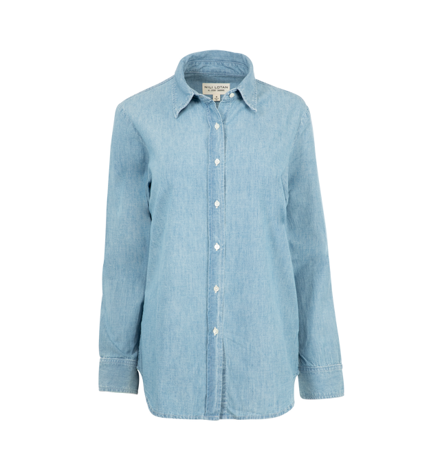 Image 1 of 2 - BLUE - NILI LOTAN Monti Chambray Denim Button-Down Shirt featuring point collar, button front, long sleeves, button cuffs, loose fit and shirttail hem. Cotton. Made in USA.