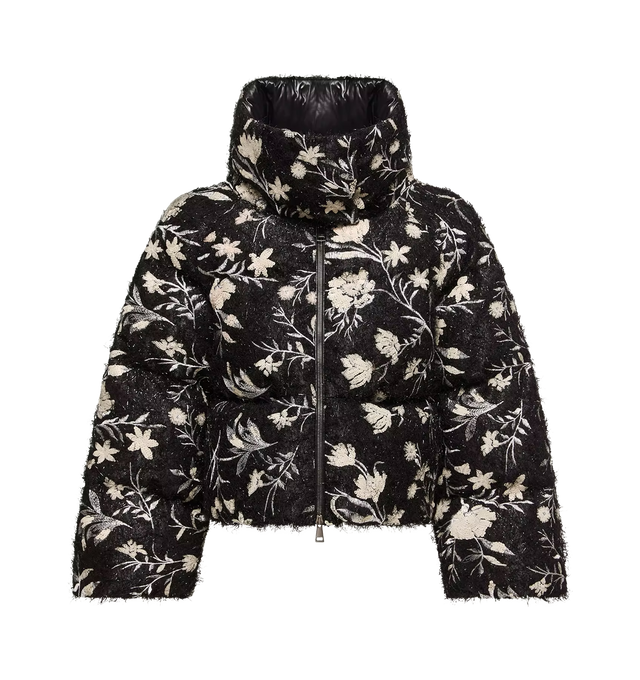 Image 1 of 1 - BLACK - Moncler Women's Perroquet Floral Sequin Short Down Jacket is crafted from sequin-embroidered polyester and features a loose-fit silhouette, down-filled insulation, and an allover floral motif that brings texture and dimension to the design. Combining femininity with cold-weather functionality, this statement puffer is finished with a glossy nylon laqu lining, a front zip closure, snap-button pockets, and a signature logo patch. Main Material: 100% Polyester. Lining: 100% Polyamide / N