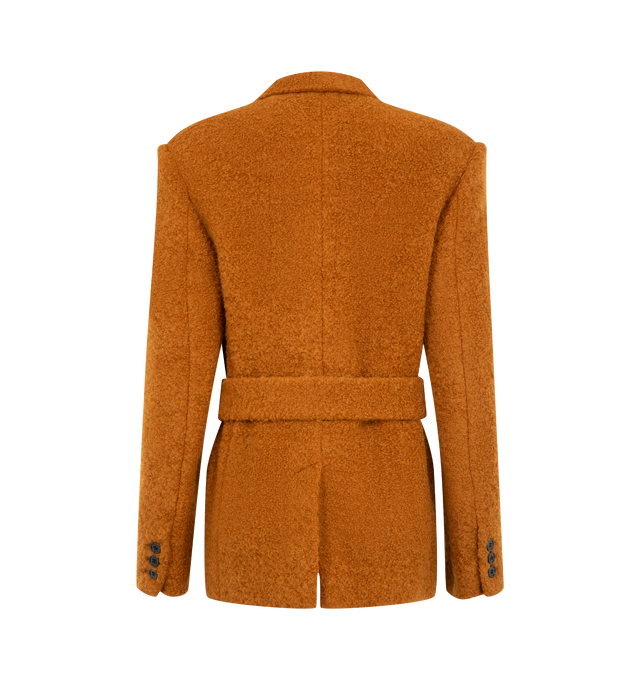 Image 2 of 2 - ORANGE - Isabel Marant Womens Syndra Jacket is crafted from a wool and boucl alpaca blend. Features a tailored fit, double-breasted button closure, removable tonal tie belt, structured shoulders, long sleeves with buttoned cuffs, and front flap pockets. Main Material: 45% Virgin Wool, 43% Alpaca, 12% Polyamide. Made in Poland.