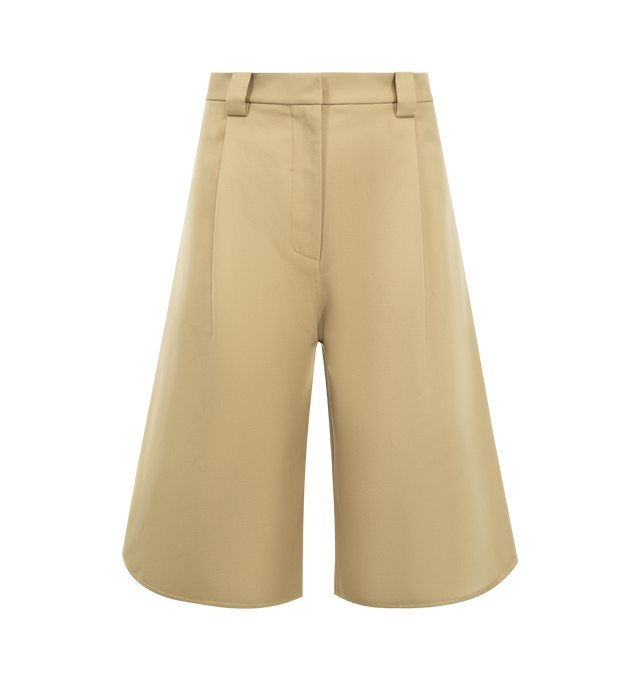 Image 1 of 4 - BROWN - BALENCIAGA Tulip Bermuda Shorts featuring double cotton, tulip shape with two distinct panel-like constructions on the front and back, evokes flower petals, open sides, mid-rise waist, covered zip fly, 5 belt loops, 2 front slash pockets and 2 back pipied pockets. 99% cotton, 1% polyamide. Made in Italy.