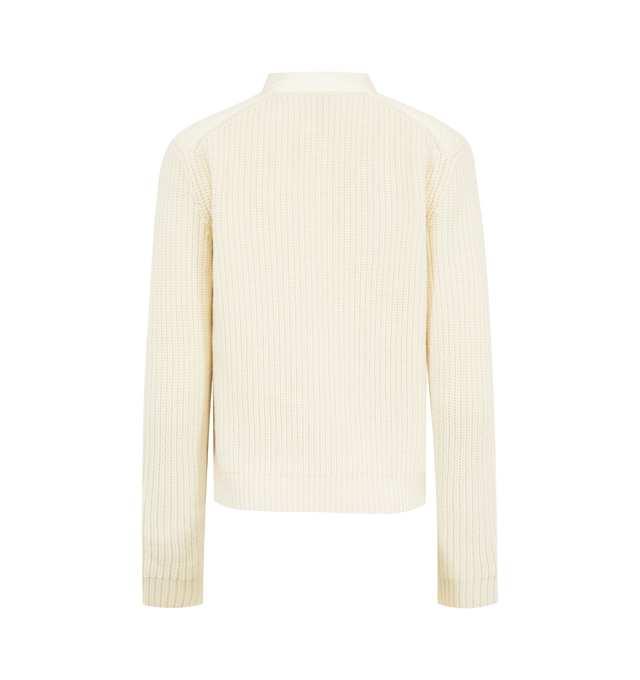 Image 2 of 3 - WHITE - MONCLER Padded Wool Zip-Up Cardigan featuring Merino wool, longue saison lining, down-filled longue saison front and collar, purl stitch and rib knit, gauge 5, zipper and snap button closure, zipped pockets, chest pocket with snap button closure and hem with drawstring fastening. 100% polyamide/nylon. 90% virgin wool, 10% cashmere. Padding: 90% down, 10% feather. Made in Turkey.