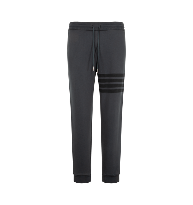 Image 1 of 3 - GREY - Thom Browne Men's Classic Loopback Sweatpants feature a pull-on waist with drawcords, and slim leg with signature stripes, logo patch and cuffed hems. Material: Cotton.