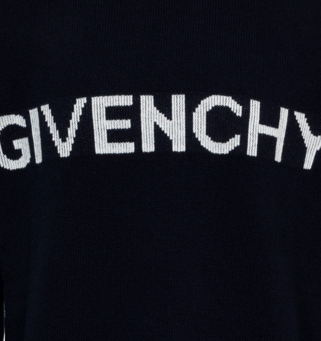 Image 3 of 3 - NAVY - GIVENCHY Logo-intarsia Wool Sweater featuring crew neck, logo-intarsia at front, long sleeves with contrasting cuffs and straight hem. 100% wool. Made in Italy. 