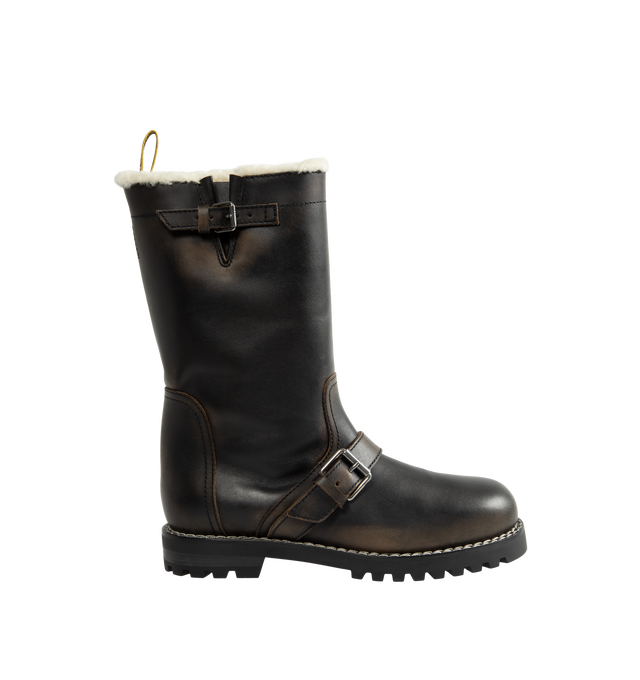 Image 1 of 4 - BROWN - Fendi Women's Commando Boots are crafted from hand-finished antiqued calfskin leather and feature a tubular shaft, adjustable buckle straps at the ankle and calf, and a Fendi Tape pull loop. Designed with clean lines and workwear-inspired hardware, this boot is lined in plush shearling and finished with a lugged rubber sole for traction and durability. Heel Height: 30mm. Main Material: 100% Calfskin. Lining: 100% Lamb Fur Shearling. Sole: Lugged Rubber. Made in Italy.