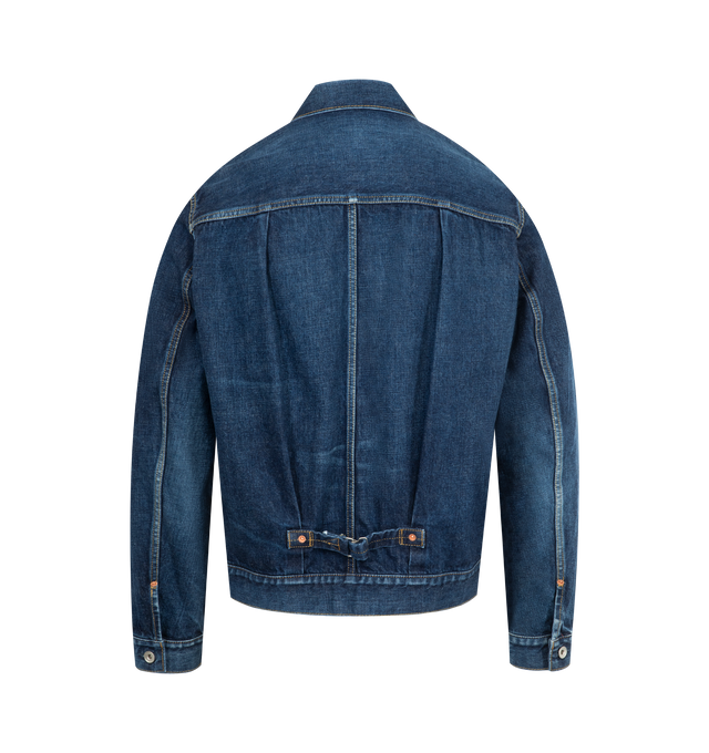 Image 2 of 3 - BLUE - SACAI BEYONDEXX Denim Jacket featuring non-stretch denim, fading, whiskering, and distressing throughout, spread collar, button closure, pintucks at front, patch pocket at chest, buttoned barrel cuffs, cinch tab at back, logo-engraved hardware and contrast stitching in tan. 100% cotton. Made in Japan.