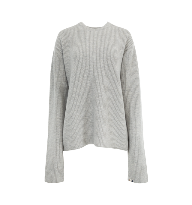 Image 1 of 2 - GREY - EXTREME CASHMERE You Sweater featuring a chunky cashmere sweater, a warm rib knit, classic crew-neck sweater with a slit detail on the side of the round neckline. 100% cashmere.