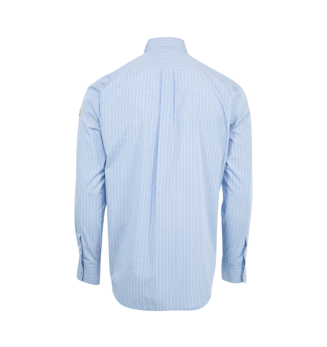 Image 2 of 3 - BLUE - MONCLER Striped Oxford Cotton Shirt featuring striped Oxford cotton, collar with mother-of-pearl button closure, long sleeves, snap button closure, chest pocket, adjustable cuffs and logo patch. 100% cotton.