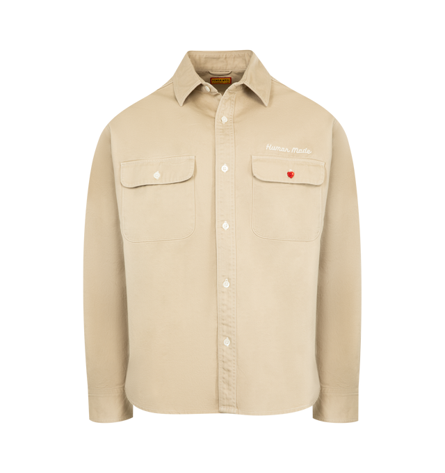 Image 1 of 2 - BROWN - HUMAN MADE Oversized Shirt featuring work shirt with a wide fit, light, tough cotton twill fabric, heart button on the left chest pocket, chain stitching above the left chest pocket, elbow patches on both sleeves and printed graphic on the back. 100% cotton.