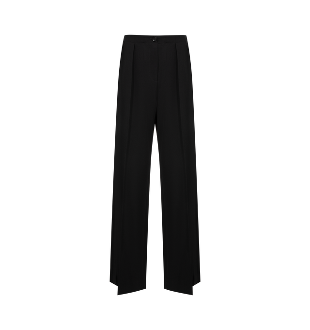 Image 1 of 3 - BLACK - THE ROW Felicita Pant featuring high-rise tailored trouser in structured wool twill with front double pleats, adjustable back buckle strap, side seam pockets, satin side stripe and crafted in wool back satin gabardine. 100% wool. Made in Italy.