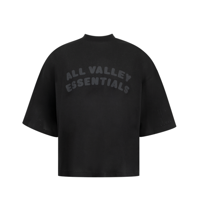 Image 1 of 2 - GREY - The Fear Of God Men's Merch Tee is crafted from 100% cotton jersey and designed in a boxy, relaxed fit with dropped shoulders and 3/4-length sleeves. Details include a rib-knit collar and Essentials signature label at the center front.