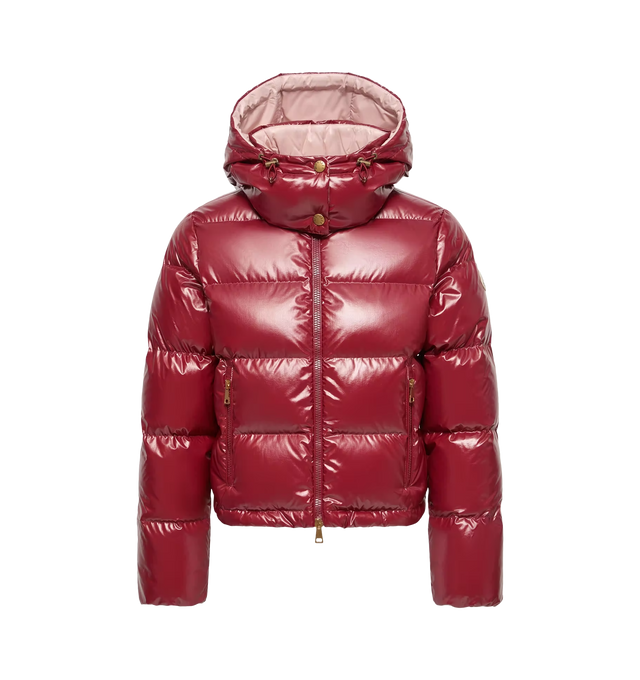 Image 1 of 1 - RED - Moncler Womens Niveole Short Down Jacket is a lightweight design offering warmth with a cropped silhouette. Crafted from glossy nylon laqu with contrast lining, this down-filled style delivers a sleek finish with signature shine. Features detachable adjustable hood, two-way zipper front closure, zip pockets, long sleeves, and embroidered logo patch on the sleeve. Exterior: 100% Polyamide / Nylon; Lining: 100% Polyamide / Nylon; Padding: Down, Feather. Made in Romania.