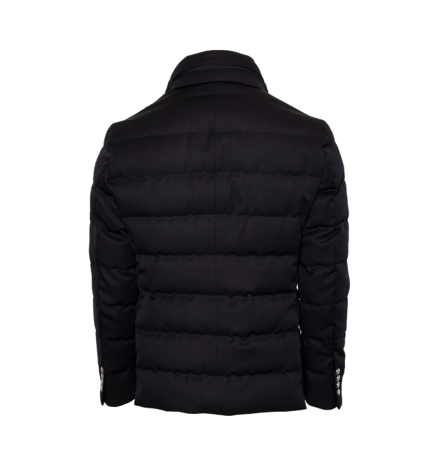 Image 2 of 5 - NAVY - MONCLER Bess Short Down Jacket featuring nylon lger lining, down-filled, pull-out, adjustable rainwear hood with elastic drawstring fastening and snap buttons, contrasting-colored interior piping, ribbed knit collar, inner front bottom with tricolored detailing, zipper and snap button closure, zipped external and internal pockets and leather logo. 100% virgin wool. Lining: 100% polyamide/nylon. Padding: 90% down, 10% feather. 