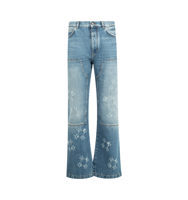 Image 1 of 3 - BLUE - AMIRI MA Quad Carpenter Jean featuring belt loops, five-pocket styling, reinforced panel at knees, hammer loop at outseam and flare leg. 100% cotton. Made in Italy.