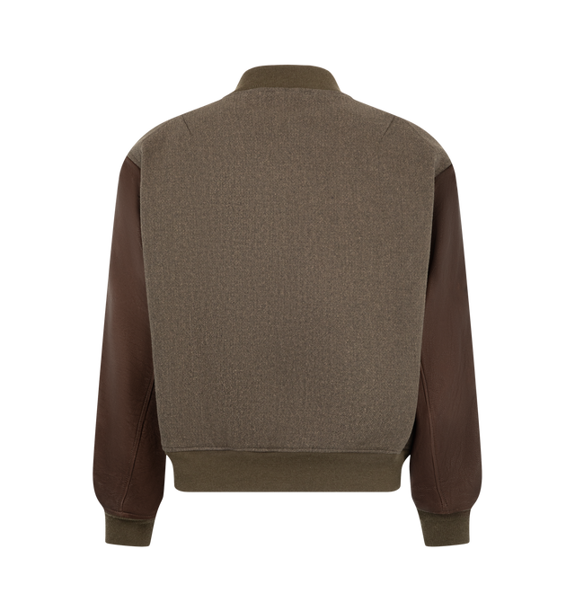Image 2 of 3 - BROWN - Kaptain Sunshine Men's Award Jacket is crafted from a custom high-density double-cloth fabric woven from a cotton and wool worsted blend and features a short-length silhouette, deer skin sleeves, and a concealed fly-front button closure. Inspired by classic varsity styles, this jacket is finished with wool rib-knit trims, a full lining, and a substantial yet comfortable weight that balances structure and ease of wear. Main Material: 70% Wool, 30% Cotton. Lining: 50% Cupra, 50% Cotton.