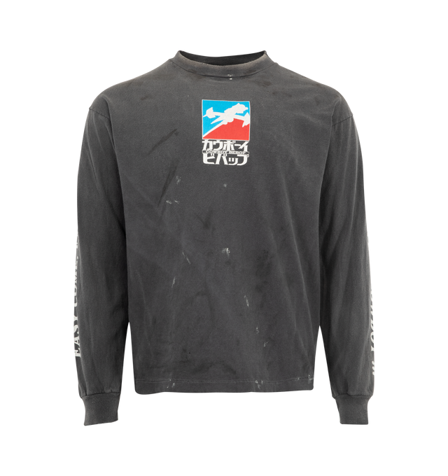 Image 1 of 4 - BLACK - SAINT MICHAEL Easy Come Tee featuring long lseeves, crew neck, graphic print on front back and sleeves and distressing throughout. 100% cotton.