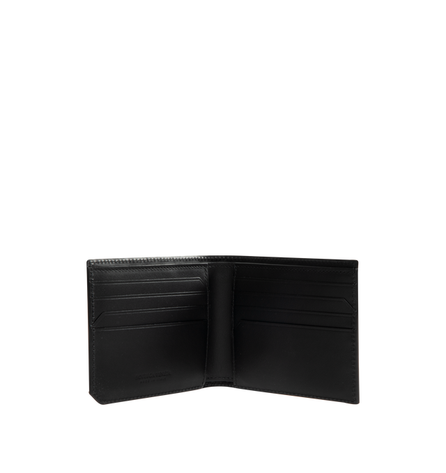 Image 3 of 3 - BLACK - BOTTEGA VENETA Intrecciato Piccolo Bi-Fold Wallet featuring color blocked intrecciato, eight card slots, one note compartment and two additional pockets. Calfskin. 3.7" x 4.3" x 0.2". Made in Italy.