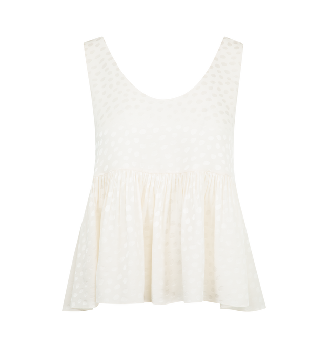Image 1 of 2 - WHITE - CHLOE Dot Silk Jacquard Peplum Blouse featuring silk knit, scoopneck, babydoll look, sleeveless, shirred hem and pulls over. 100% silk. Lining: 76% acetate, 24% silk.