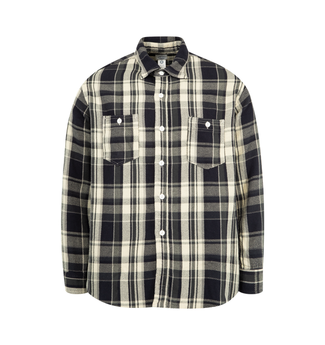 Image 1 of 2 - BLACK - POST O'ALLS St. Louis Cotton Flannel Shirt featuring a chin strap at the neck, a pen slot on the left chest, gussets at both sides of the hem, plaid print, button closure, long sleeves and two chest patch pockets with buttons. 100% cotton. Made in Japan.