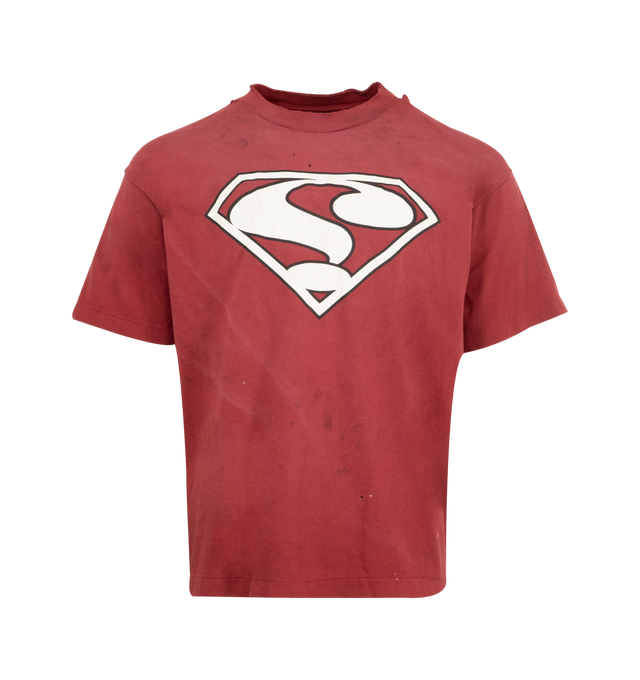 Image 1 of 2 - RED - SAINT MICHAEL Saint Tee featuring crew neck, short sleeves, relaxed fit and graphic print on front and back. 100% cotton.