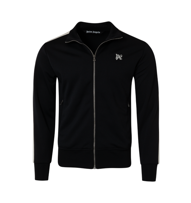 Image 1 of 2 - BLACK - PALM ANGELS Monogram Track Jacket featuring rib knit stand collar, hem, and cuffs, zip closure, logo embroidered at chest, zip pockets, striped trim at sleeves and full jersey lining. 100% recycled polyester. Made in Italy. 