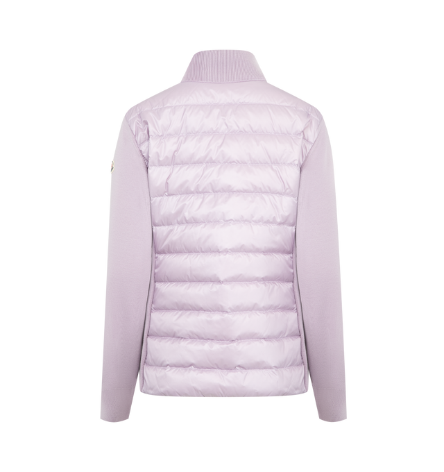 Image 2 of 3 - PURPLE - MONCLER Padded Wool Cardigan featuring padded bodice finished with knit collar and sleeves, stand collar, long sleeves, embroidered logo patch at left sleeve, classic fit , hem sits at the hip and two-way zip-front. Nylon/polyamide/virgin wool. Fill: Down/feather.