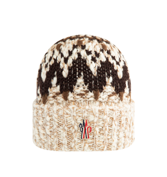 Image 1 of 2 - BROWN - MONCLER GRENOBLE Fair Isle Chunky Knit Beanie Hat featuring heavy knit beanie hat animated by a classic Fair Isle pattern, embroidered logo on the front and foldover cuff. Wool/nylon/elastane. Made in Italy.