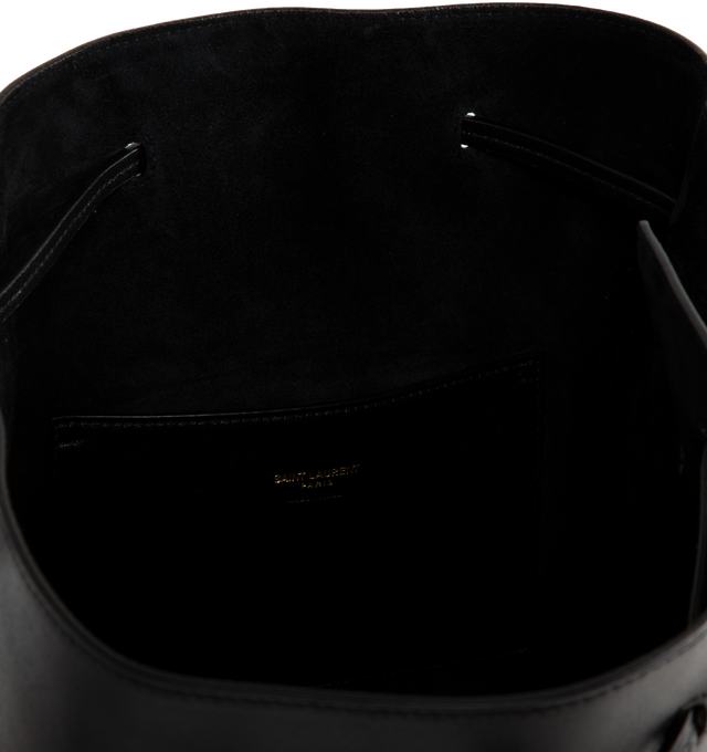 Image 3 of 3 - BLACK - Saint Laurent YSL Lambskin Pochon has a drawstring closure, a detachable leather strap, an interior pocket, and bronze tone hardware. 7.9 x 9.4 x 1.2 inches. Lined. 100% leather.