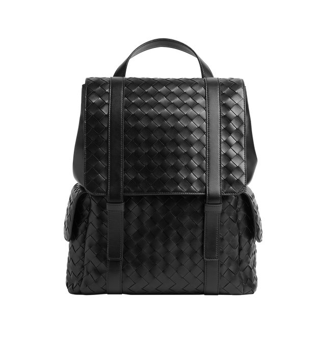 Image 1 of 3 - BLACK - BOTTEGA VENETA Back To School Backpack in intrecciato leather featuring two exterior flap pockets, single interior laptop compartment, two open pockets and flap closure. Calfskin. Lining: canvas. Made in Italy.