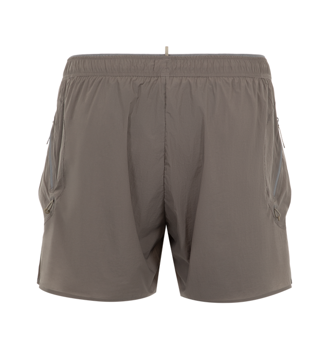 Image 2 of 3 - GREY - Satisfy Men's Rippy Cordura 5" Trail Shorts are crafted from durable Rippy Cordura fabric that features a 5-inch trail-running silhouette engineered for extended mileage and enhanced abrasion resistance. Designed with a TechSilk Drift liner for airflow, moisture management, and natural stretch. Functional details include two zippered side cargo pockets, a sweat-resistant hidden phone pocket, a double waistband with internal drawcords, a mini S-Carabiner, and stealth-reflective logo de