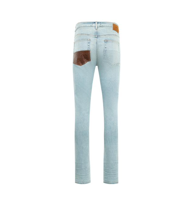 Image 2 of 3 - BLUE - AMIRI MX1 Croc-Effect Repaired Stretch Skinny Jeans featuring pleated croc-embossed leather, regular rise, five-pocket style, leather label, slim fit through tapered legs, button-zip front and belt loops. Cotton/elastane. Made in USA.