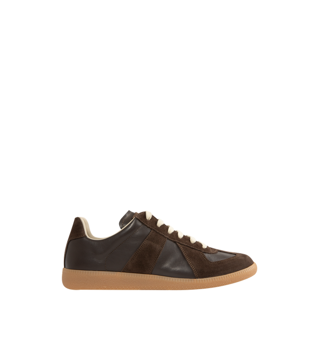 Image 1 of 5 - BROWN - Maison Margiela Replica Sneakers featuring lace-up sneakers in buffed nappa calfskin and calfskin suede, contrasting sole, Maison Margiela logo label on the tab, internal Replica label, internal elastic and all-over Maison Margiela logo insole. 100% calf leather. Sole: 100% rubber. Made in Italy.