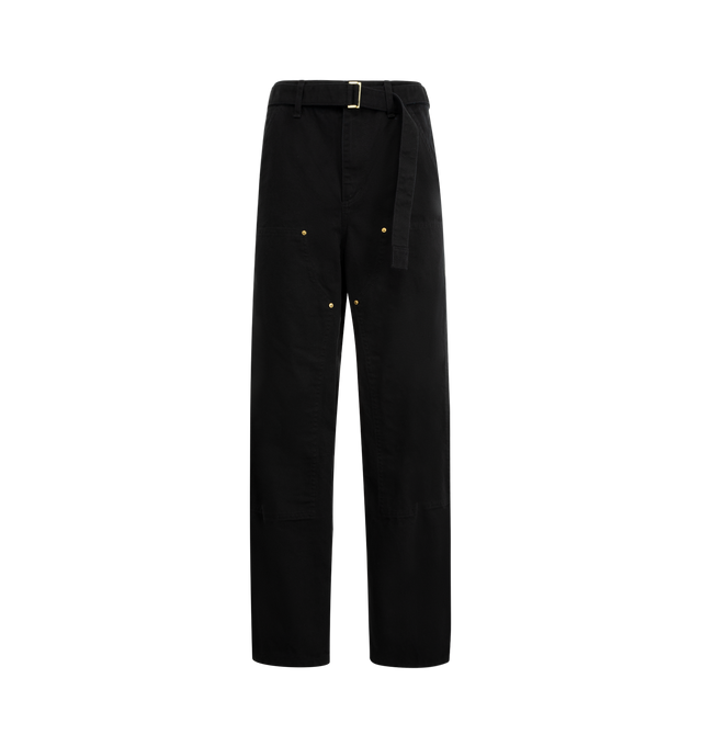 Image 1 of 3 - BLACK - Sacai x Carhartt WIP Duck Cotton Double-Knee Pants crafted of cotton, featuring a cargo-inspired silhouette, double-knee patch pockets, a woven belt, side and back patch pockets, zip fly, and button closure. 100% cotton. Made in Japan. Unisex tyle in Japanese sizes.