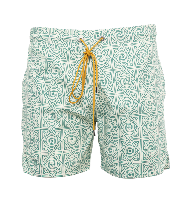 Image 1 of 4 - GREEN - RHUDE Cravat Swim Short featuring pull-on styling with elastic waistband and front drawstring tie closure, mesh brief lining, 3-pocket styling and lightweight ripstop fabric. 100% polyester. Lining: 85% nylon, 15% spandex. 
