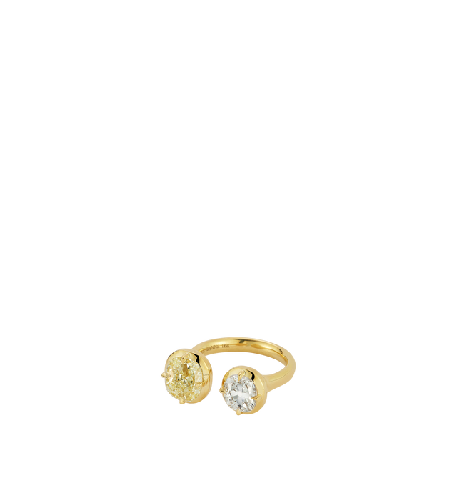 Image 1 of 2 - GOLD - JEMMA WYNNE Blair Antique Two Stone Diamond Ring featuring One of a Kind, 18k Yellow Gold, Old Mine Diamond Cushion - 1.52cts (M color) and Old Mine Diamond Cushion - 1.52cts (I color). Hirshleifers offers a range of initial pieces from this collection in-store. For personal consultation and detailed information about jewelry, please contact our dedicated stylist team at personalshopping@hirshleifers.com. This item may be restricted for online purchase to international clients. For ass