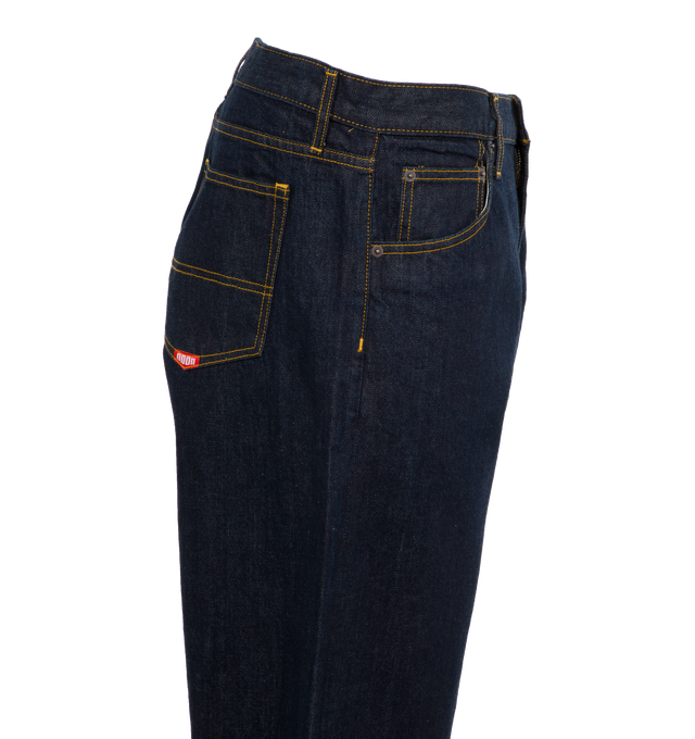 Image 3 of 4 - BLUE - Noah Stovepipe Relaxed Fit Jeans crafted from 100% cotton, Japanese selvedge denim. Classic 5-pocket style with zip fly, metal shank closure, and copper rivets. Woven label on back pocket. Wide fit.  Made in USA.  