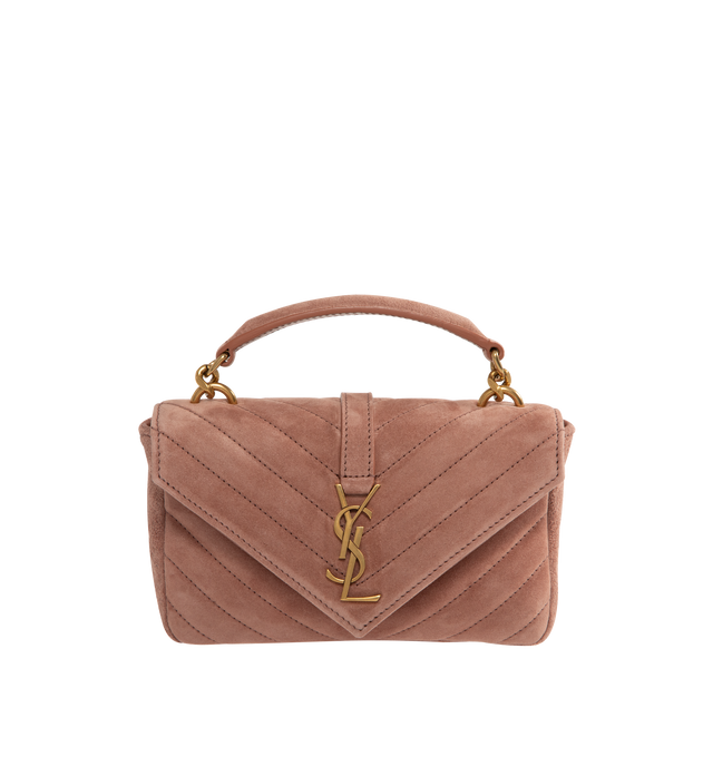 Image 1 of 3 - PINK - Saint Laurent mini version of the COLLEGE bag decorated with the CASSANDRE and chevron-quilted topstitching. Features a top handle and detachable leather-and-chain strap that can be worn two ways, magnetic snap closure, and one flat pocket. Measures 7.9" x 5.1" x 1.2" with 19.7" strap drop. Calfskin suede with cotton lining, bronze-toned hardware. Made in Italy.