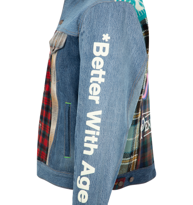 Image 3 of 3 - MULTI - Better With Age X Pendelton mixed media denim jacket with button-fly, 5-pocket front closure, snap pockets, Pendelton chest patch and "Better With Age" print on the sleeve. This collection is made in the USA using fabric from vintage Pendelton flannel and scraps and seconds from the Pendelton factory in Pendelton, OR.