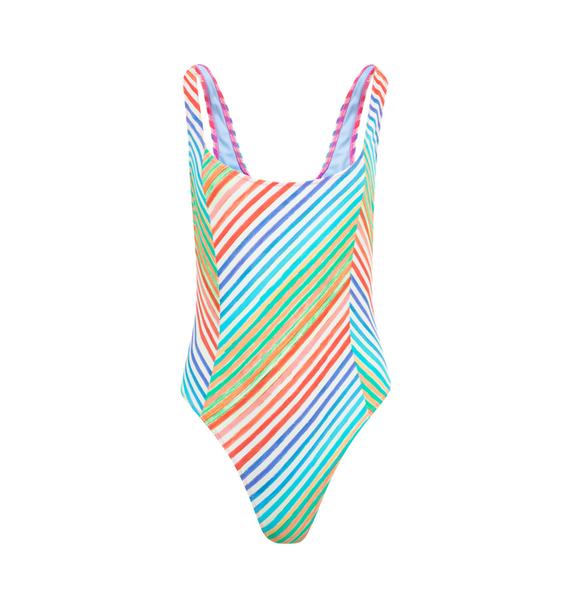 Image 1 of 2 - MULTI - CHRISTOPHER JOHN ROGERS Crayon Stripe Swimsuit featuring vibrant crayon stripes, scoop back and paneled style.