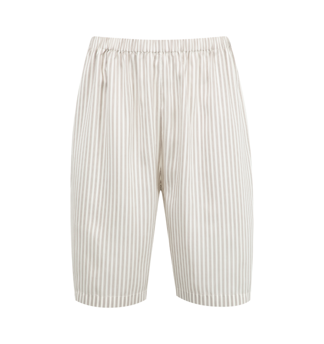 Image 1 of 3 - WHITE - THE ROW Zinnia Short featuring mid-rise pajama short in fluid striped silk with gathered elastic waistband, side seam pockets, and above-the-knee length. 100% silk. Made in Italy.