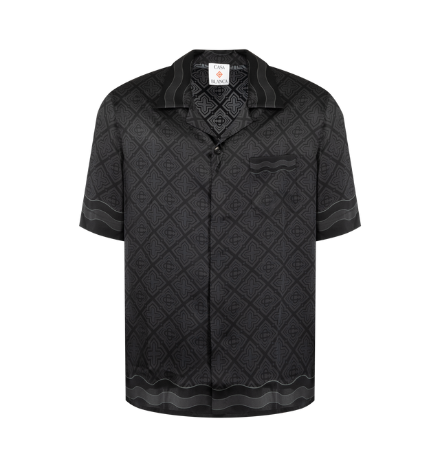 Image 1 of 2 - BLACK - Casablanca Men's Cuban Collar Short Sleeve Shirt is crafted from premium fabric and features a relaxed silhouette with a Cuban collar, short sleeves, and a button-front closure for an effortlessly refined look. This designer short sleeve shirt combines exceptional craftsmanship with Casablanca's signature luxury resort aesthetic, making it a versatile choice for warm-weather styling and elevated everyday wear. Main Material: Premium Fabric.