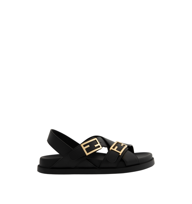 Image 1 of 4 - BLACK - FENDI Feel Sandal featuring triple-band, flat cross-over slides with FF Baguette decorative buckles, elastic detail on the back strap and gold-finish metalware. 100% calf leather. Made in Italy.