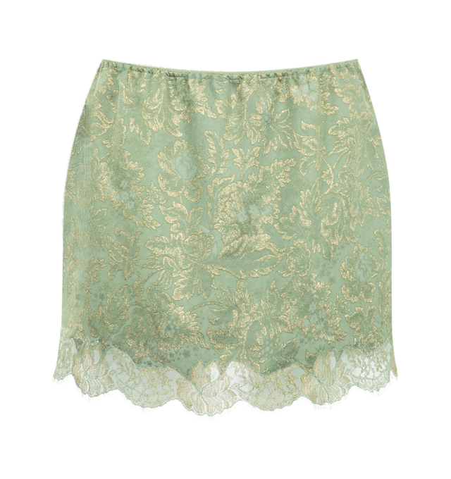 Image 1 of 3 - GREEN - Saint Laurent mini skirt with an elasticized waist, decorated with a metallic floral jacquard motif and scalloped lace hem. Crafted from certified viscose with silk lining. Made in Italy.