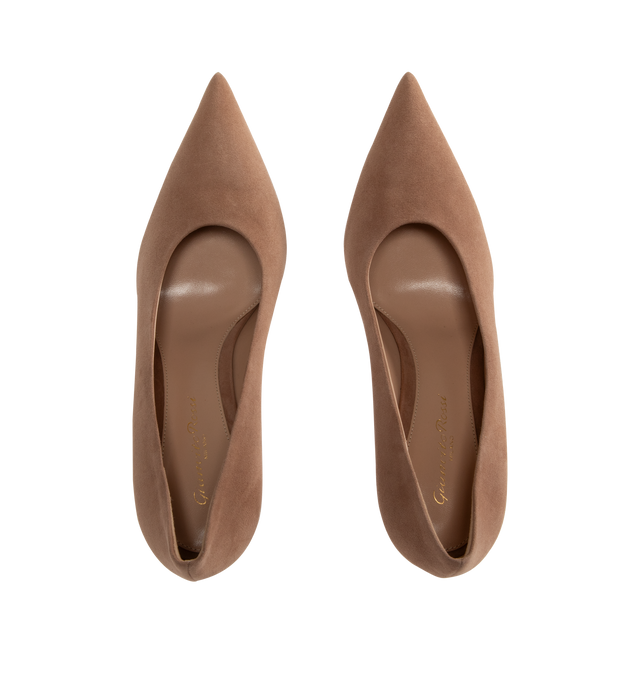 Image 4 of 4 - BROWN - GIANVITO ROSSI Robbie Pumps featuring calf suede, 85mm stiletto heel, slip-on style, pointed toe, branded leather insole and leather outsole.